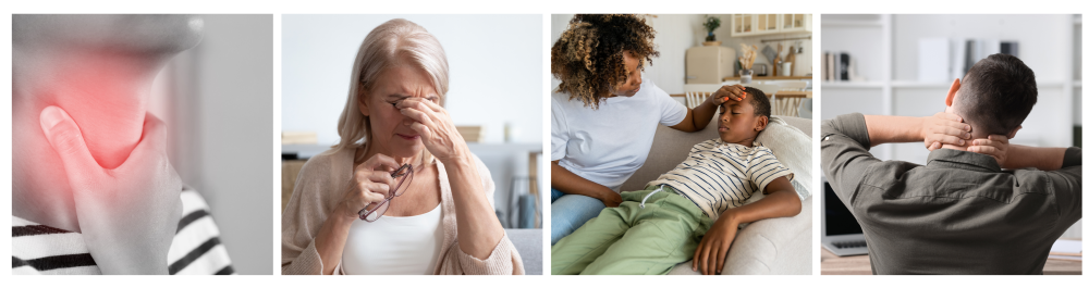 Close-up of a young woman in a blue shirt holding her inflamed throat, indicating soreness and discomfort. Medical and healthcare concept with a red highlight showing throat pain, associated with sick building syndrome. A concerned mother sits beside her sick child on the sofa, both feeling unwell with symptoms of nausea and weakness. Back view of a man massaging his stiff neck in an office setting, attempting to relieve tension. Headshot of a woman removing her eyeglasses while suffering from dry eyes.