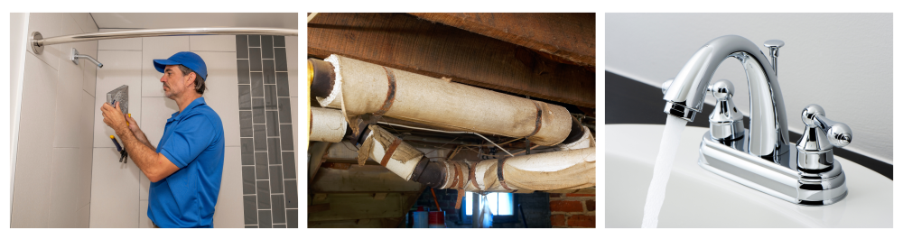     A plumber using pliers to install a modern shower head, emphasizing the concept of replacing current shower heads with environmentally friendly options to save water in the long term.    Basement plumbing pipes wrapped with asbestos insulation to reduce heat loss.    A chrome bathroom faucet with water running.