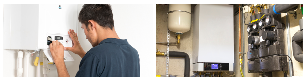     A technician in the service stage controlling the boiler installation.    A condensing gas boiler installed in a boiler room.