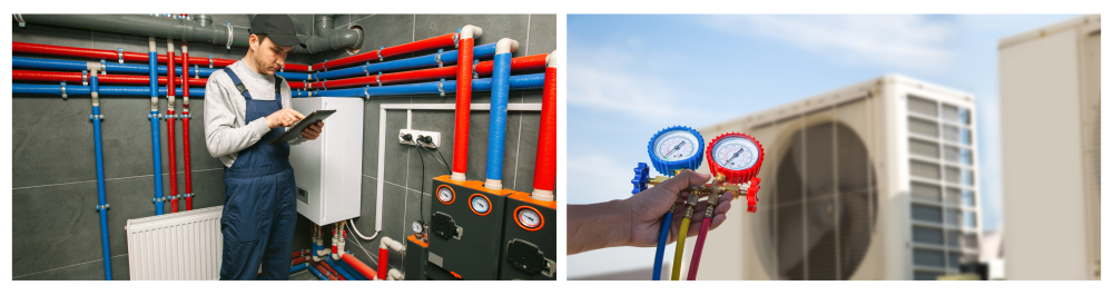 A technician inspecting the heating system in a boiler room while using a tablet. An air conditioning service technician using a manifold gauge to check refrigerant levels and refill an industrial air conditioner after duct cleaning, performing maintenance on an outdoor compressor.