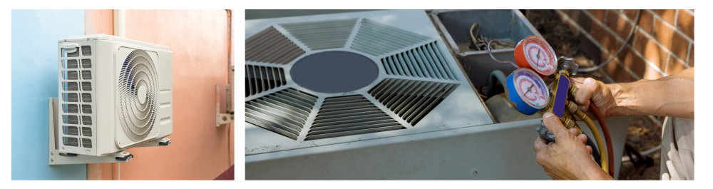 An image of a condensing unit for air conditioning systems mounted on the exterior wall of a home, with a background painted in blue and peach. An image of an air conditioning technician preparing to service an air conditioner.