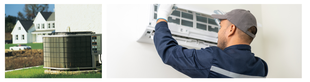  An image of a central air conditioner situated outdoors, with residential houses and lush greenery in the background, capturing a summertime setting.  An image of an HVAC service technician indoors, cleaning a home air conditioner by opening the front covers and removing the filters. The technician is wearing gloves, a hat, and a uniform.