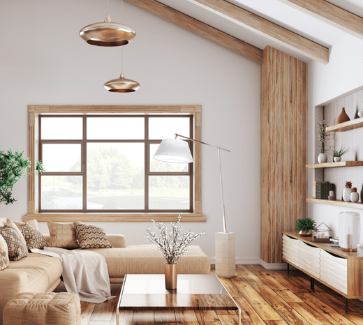 Modern living room with wooden decor and natural light
