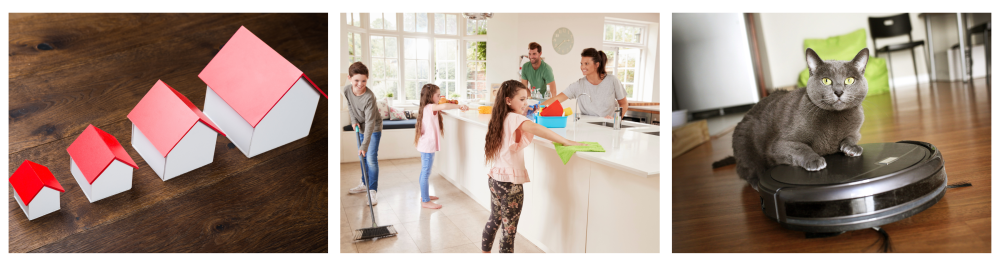 Different-sized houses in a row on a wooden table, symbolizing how household size and more occupants can increase dust accumulation in air ducts. This influences how often you should schedule professional duct cleaning.Children assisting parents with household chores in the kitchenHouse cat sitting on a smart vacuum cleaner, representing how pets contribute to hair and dust buildup, requiring more frequent cleaning