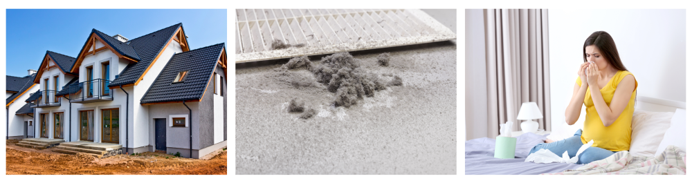 New residential home under construction, highlighting how renovations can lead to dust and debris accumulating in air ductsDust collected from a duct filter, showing harmful particles that circulate in the roomWoman with allergy symptoms sitting on her bed, blowing her nose due to airborne irritants. All images help showcase things that influence how often you should be scheduling professional duct cleaning.