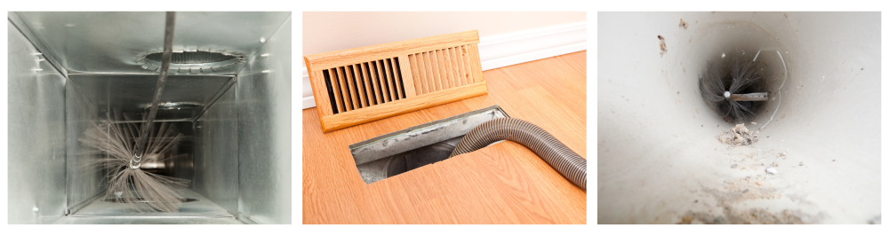 A 3 panel image showcasing brush, vacuum and whip cleaning techniques for ridding ducts of dust and build-up. All techniques are a part of Modern Air & Water's professional duct cleaning service.