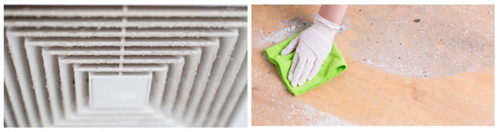 Dust being removed from air ducts as an introduction to an article on duct sanitization, explaining what it is and how it works to improve indoor air quality.Close-up of a woman wearing gloves, wiping dust off the floor at home with a wet cloth, emphasizing the importance of regular cleaning to reduce allergens and maintain a healthy living environment.