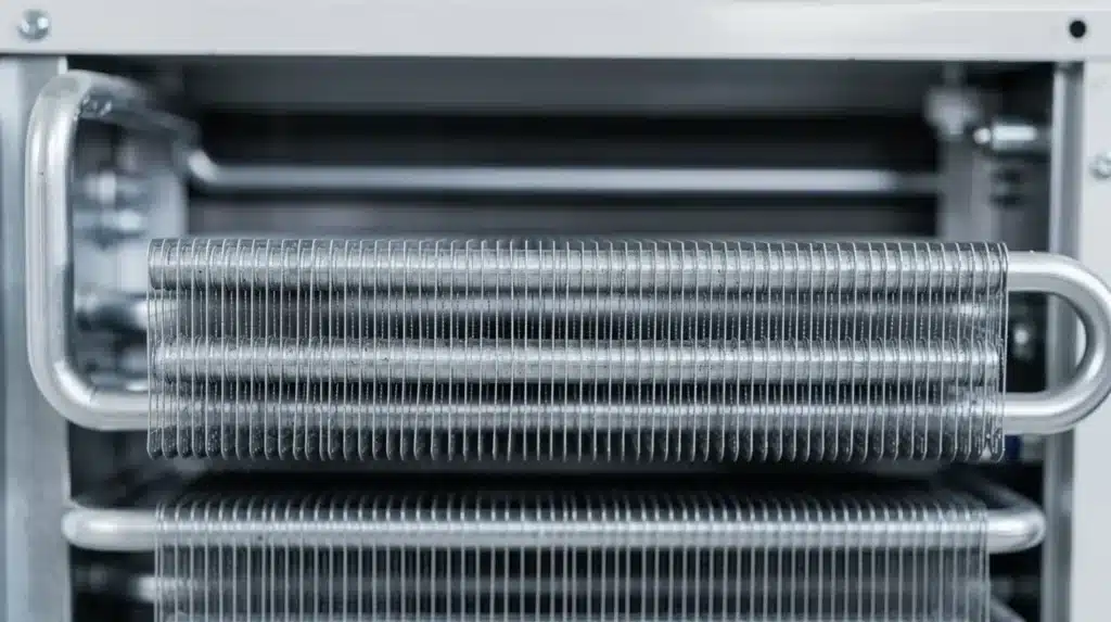 The image shows a close-up view of clean metal coils and fins inside an HVAC service panel, highlighting the importance of regular air conditioner cleaning for maintaining system efficiency and ensuring good indoor air quality. The pristine condition of these components suggests effective maintenance that can prevent costly repairs and improve overall air conditioning performance.