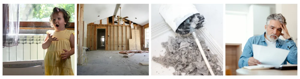     Little girl coughing in a dusty room, with dust in the air, representing the concept of allergies.    Interior of a house under construction, with open drywall and visible dust.    Dryer vent in a home being cleaned out with a round brush.    Worried middle-aged man, confused and astonished by high bills.