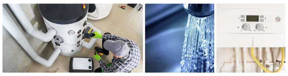 Top view of a professional heating system engineer performing a scheduled equipment maintenance check. Concept of water conservation at home, with a water tap spraying flowing water in selective focus. White combi gas boiler mounted on a wall.