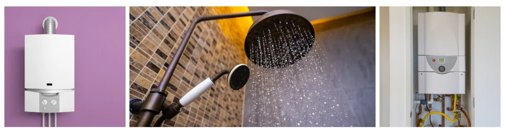 Gas water boiler mounted on a purple wall. Rain shower-style showerhead with steamy water in a luxurious bathroom featuring warm lighting and tiled walls. On-demand hot water heater installed in a compact, out-of-the-way space.