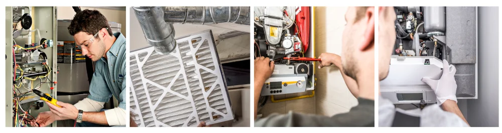 Service technician testing a furnace. Handyman inspecting a filter from a home furnace. Repairman servicing or repairing a home furnace. Close-up of a technician working on a central heating furnace system.