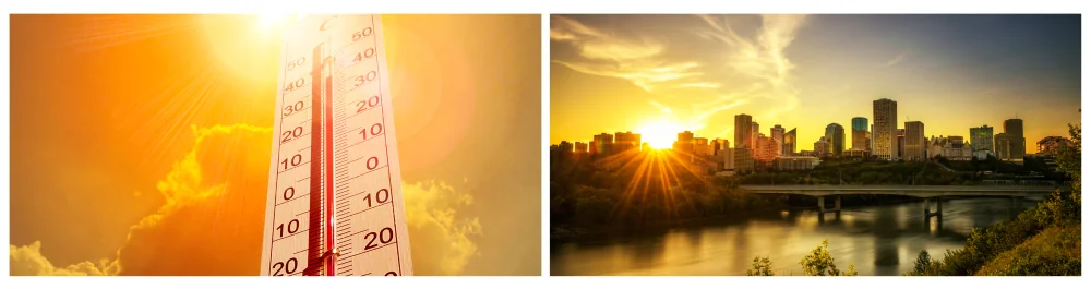Thermometer in the sky under a blazing sun, capturing the intense summer heat with warm tones, highlighting Edmonton's record-breaking temperatures. Sunset over downtown Edmonton, featuring the James MacDonald Bridge and the North Saskatchewan River in Alberta, Canada, during a hot summer evening.