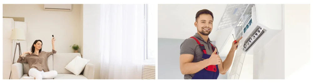 Woman at home switching on the air conditioner and relaxing on the sofa during summer weather. AC installation technician providing excellent service; a man in uniform fixes a modern white air conditioner on the wall in a home, smiling and giving a thumbs up.