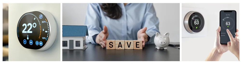 Intelligent home automation system with a touch screen display mounted on an apartment wall, remotely controlling house temperature, wirelessly connected to a main computer unit for energy saving. Woman sitting at a table with a "save" sign and a piggy bank, symbolizing financial planning and saving money. Person using a smartphone application to control a wireless smart thermostat for energy saving, on a white background.