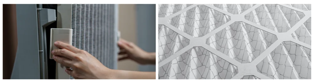 Woman's hand opening an air purifier to clean and replace a dirty air filter, removing a dusty old filter. Air conditioning filter placed on a white background.