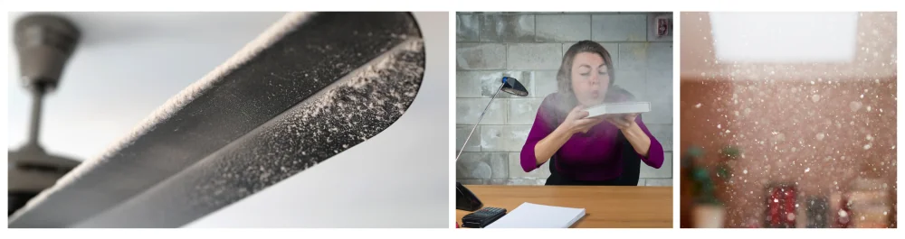 Close-up of a dusty ceiling fan with thick dust buildup blocking airflow. Woman sitting at home, blowing dust off a book. Sunbeam illuminating a room filled with floating dust particles in the air.