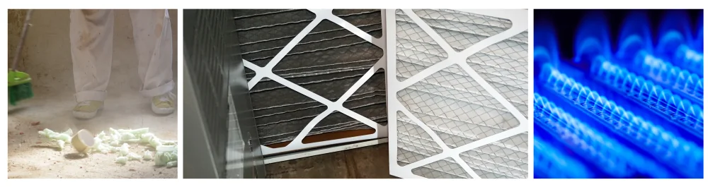 Cleaning dust and debris at home by sweeping the floor. Side-by-side comparison of replacing an old dirty air filter from a residential furnace with a new clean one. Propane flame inside a gas boiler furnace.