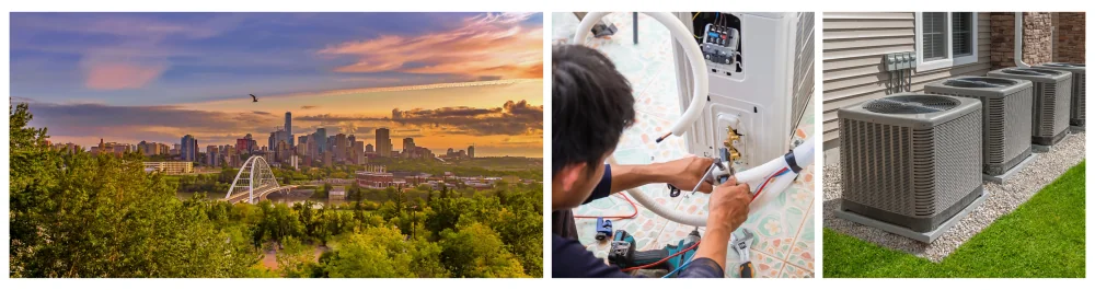 A vibrant summer sunset over Edmonton highlights the greenery and skyline, reflecting a growing trend, as over 30% of Albertans owned or planned to purchase air conditioners in 2019, a figure likely to increase with rising temperatures. Air conditioning technician installing a new air conditioning unit in a home, highlighting the importance of professional repair and maintenance services. Modern air conditioning and heating units designed for residential homes lacking central air conditioning, illustrating the range of options available to homeowners seeking effective cooling solutions.