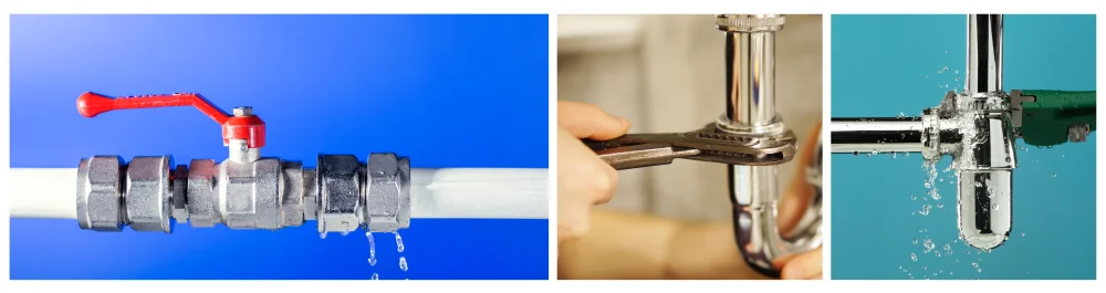 Broken plumbing with water leaking from damaged pipes. Professional plumber using a spanner to inspect and repair a pipe. Heavy-duty wrench fixing a water leak under the sink drain, with water splashing from the pipe hose during bathroom plumbing repair, isolated against a blue background.