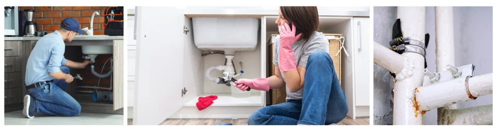 Professional plumber repairing a kitchen sink. Woman sitting near a leaking sink, making a call for assistance. Clamps attached to white, leaky water pipes.