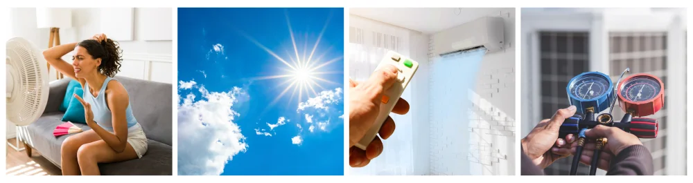 A woman sits on the couch, visibly distressed from the heat without a functioning air conditioner, using an electric fan to cool down during a summer heatwave. A hot summer background features the sun shining brightly against a blue sky with clouds, emphasizing the oppressive heat. An air conditioner blows warm air as a person attempts to adjust the remote, struggling to get the ductless unit to function properly. An HVAC technician uses gauges to check refrigerant levels and adds refrigerant, ensuring optimal performance of the air conditioning system.