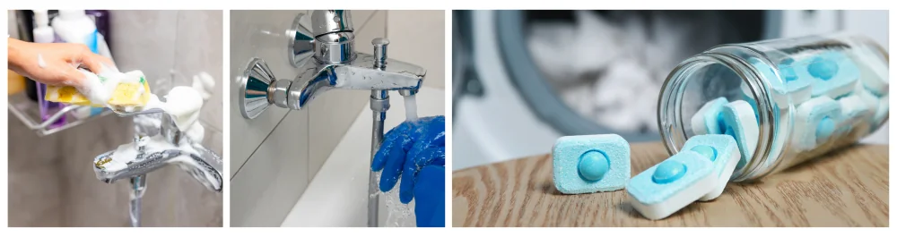 Cleaning hard water stains and deposits on a bathroom tap, highlighting the challenges homeowners face with untreated water. Since the City of Edmonton ceased water softening in 2000, homeowners must take the initiative to install water softeners for the benefits of soft water. Close-up of the shower faucet cleaning process, using a commercial soap scum remover to eliminate lime scale and chalky sediment. Jar of water softener tablets on a wooden table near a washing machine, emphasizing that hard water can leave a film on clothing since soap does not lather effectively in such conditions.