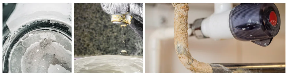 Limescale buildup at the bottom of a kettle, illustrating the effects of hard water and calcium deposits. Limescale visible on the kitchen faucet, highlighting the impact of hard water on fixtures. Limescale damage on a boiler pipe, emphasizing how hard water scaling can reduce the lifespan of plumbing systems and appliances.