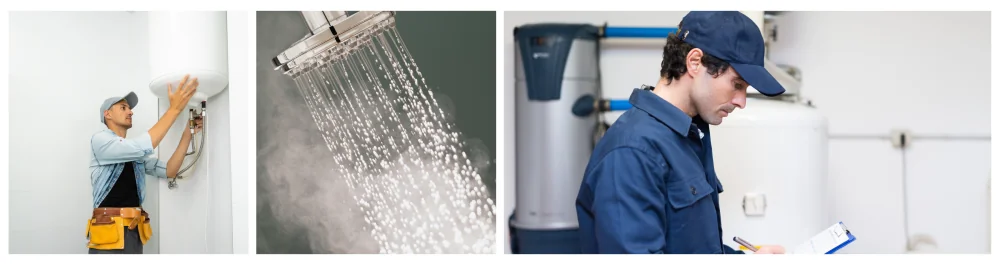 Close-up view of running water from a shower with hot steam rising, emphasizing the warmth and relaxation of a hot shower. Technician servicing a hot water heater, illustrating the importance of regular maintenance and repair to ensure efficient hot water supply.