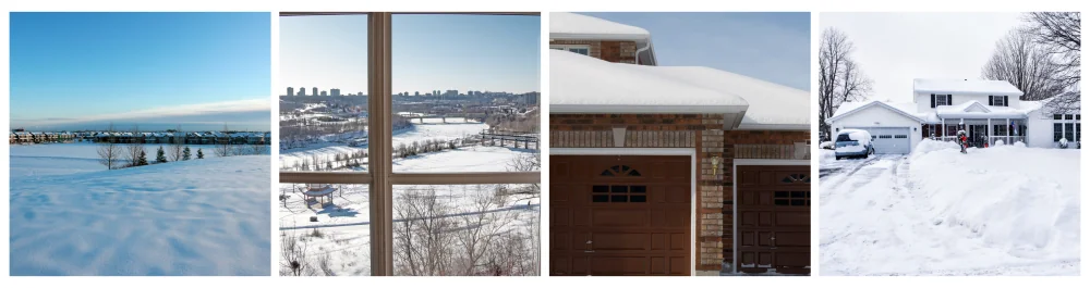 A serene winter landscape showcasing the snowy terrain of Edmonton, Alberta, highlighting the beauty of the season. A portrait view of an old wooden window framing the picturesque Edmonton River Valley, with high-rise buildings and triangular conservatories visible in the background. Snow-covered garage doors, emphasizing the winter season and its impact on residential properties. Street side view of a residential neighbourhood during a winter snowstorm, with a snow-covered home, plowed driveway, and car buried in snow in front of the garage.