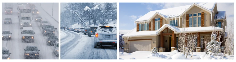Vehicles in a winter storm in Canada, highlighting challenging driving conditions and snow accumulation. A line of cars navigating a snowy, icy road alongside a snow-covered home under a clear blue sky.