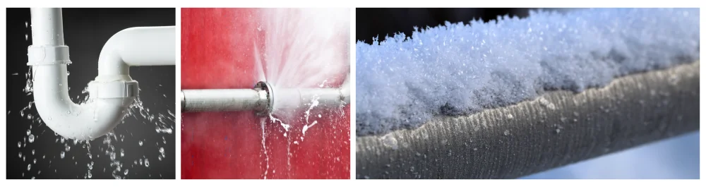Water leaking from a stainless steel pipe against a grey background, showcasing potential plumbing issues. High-pressure pipe leaking on a red background, emphasizing the urgency of addressing pipe leaks. Close-up of a frozen silver-colored metal pipe during a cold winter day, illustrating the effects of extreme temperatures on plumbing.