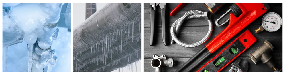 Frozen pipes in winter, with ice forming around them on an extremely cold day outdoors. Icicle hanging from heat pipes covered in snow, highlighting the effects of harsh winter conditions. Plumber's tools on a wooden background, emphasizing the importance of prevention; however, if you encounter burst water pipes, contact a trained professional immediately.