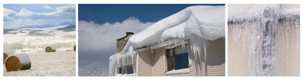 Winter landscape of the Alberta prairies. Icicles forming on a large ice dam along the roof of a residential home. Frozen pipes covered in ice due to harsh winter conditions.
