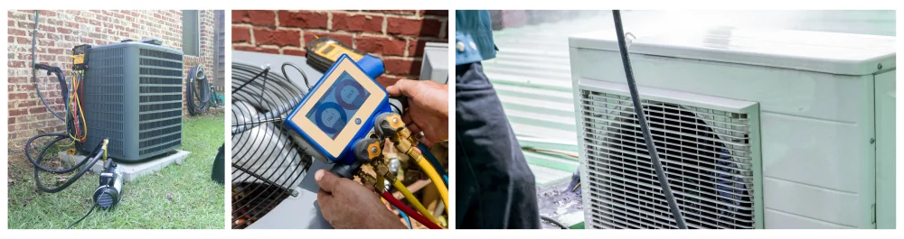     Air conditioner maintenance with gauges and a vacuum pump, ensuring optimal system performance.    Air conditioner service check for leak detection, refrigerant refill, and device meter monitoring for efficient cooling.    Technician cleaning the air conditioner's condensing unit by spraying water, emphasizing the importance of regular maintenance and cleaning services at home.