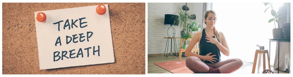 A note pinned to the wall with "Take a Deep Breath" written in Sharpie, a reminder to pause and appreciate the importance of clean air.
A young pregnant woman at home, holding her chest and belly with plants in the background, symbolizing the benefits of regular duct cleaning for improved indoor air quality and fewer pollutants circulating throughout the home.